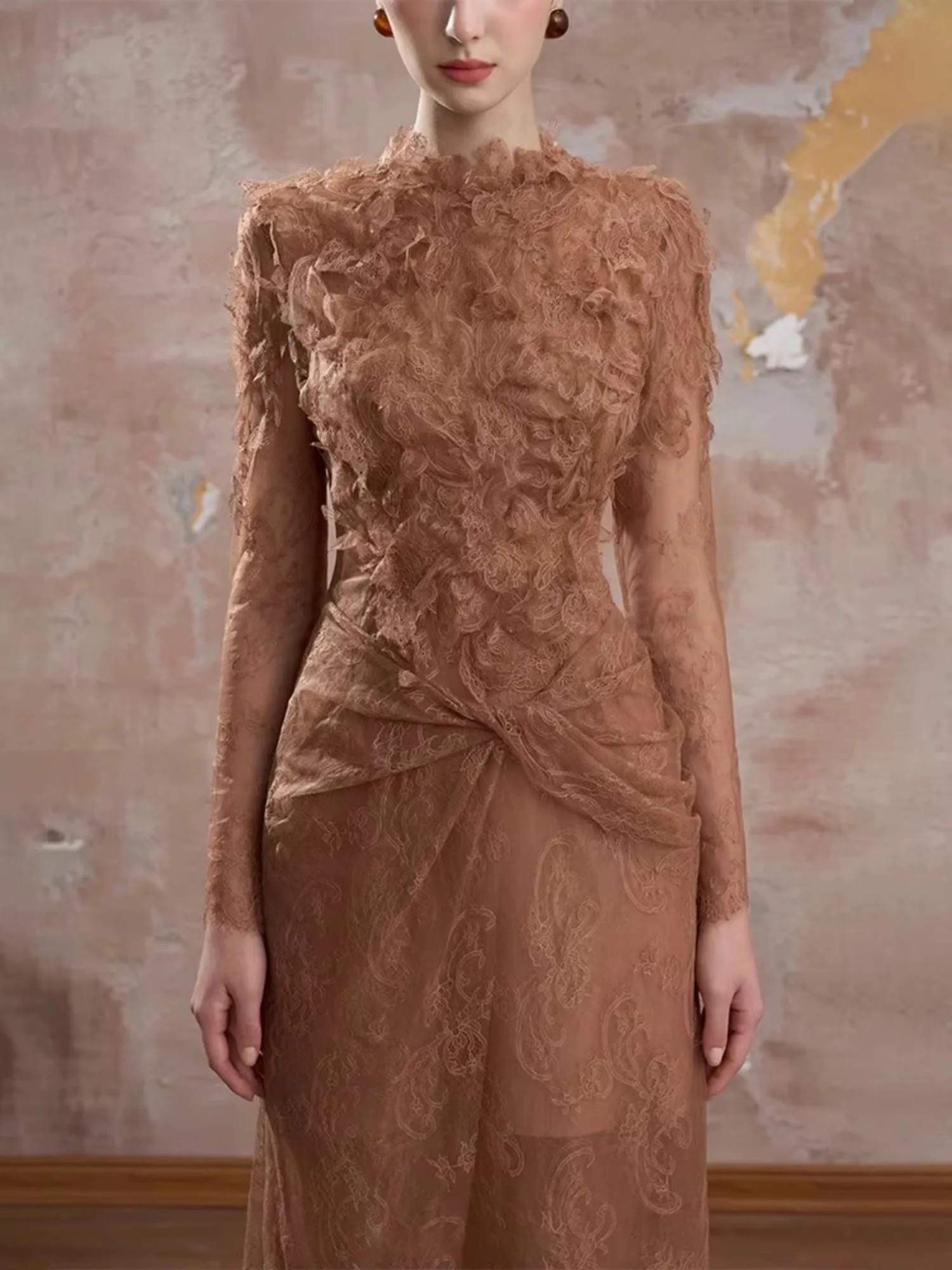 Robe Maxi en dentelle marron pour femmes, manches longues, taille haute, élégante, Vintage, moulante, col rond, vêtements Design de piste pour dames