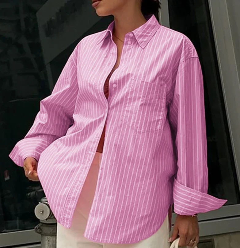 

CPSYMYM Woman Blouse Spring Casual Loose Printed Striped Contrasting Long Sleeved Turn-Down Collar Women's Shirt Top