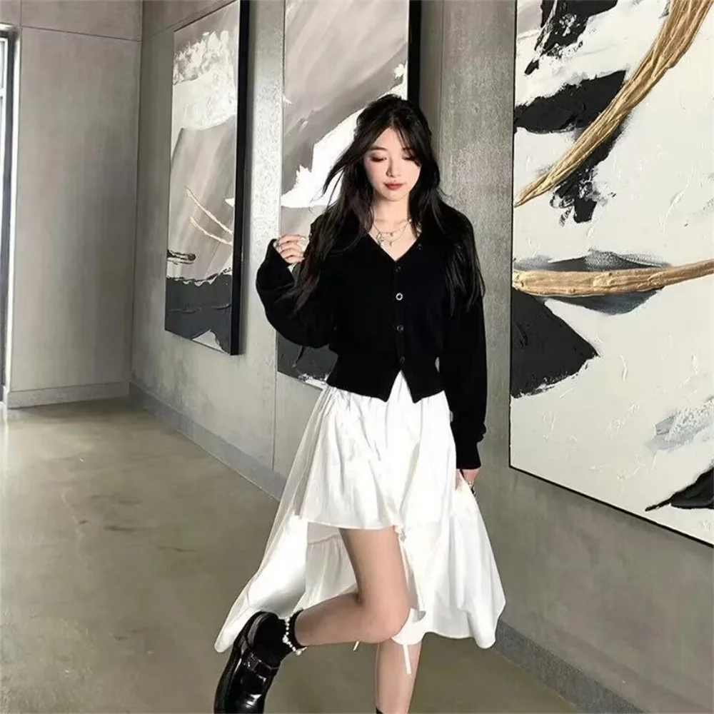 Women V-neck Knitted Jumper Sweet Sexy Off Shoulder Long Sleeve Crop Top 2023 Korean Fashion Autumn New Black Oversized Cardigan