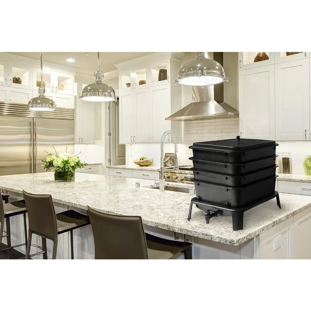 سلة سماد دودة مكونة من 4 صواني، باللون الأسود مع مقياس للفراش والتربة، مثالية للأسر الصغار #3