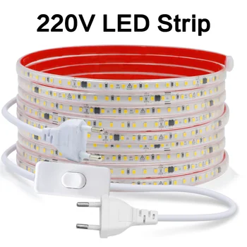 Bande lumineuse LED 220V, étanche IP65, ruban adhésif à intensité variable, 120 diodes/m, bande LED Flexible avec variateur/interrupteur/prise d'alimentation
