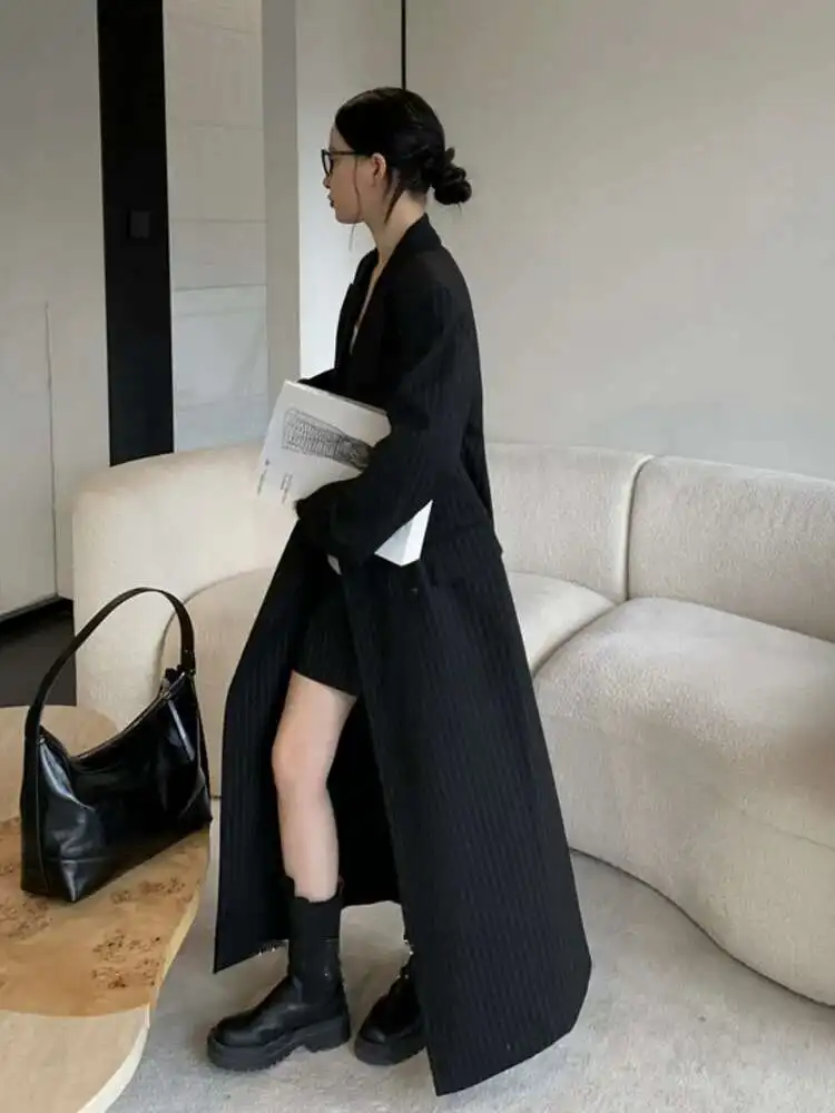 BJTZ herfst en winter hoogwaardig verticaal gestreept windjack met dubbele rij knopen in de taille, zwart slim fit damesjack