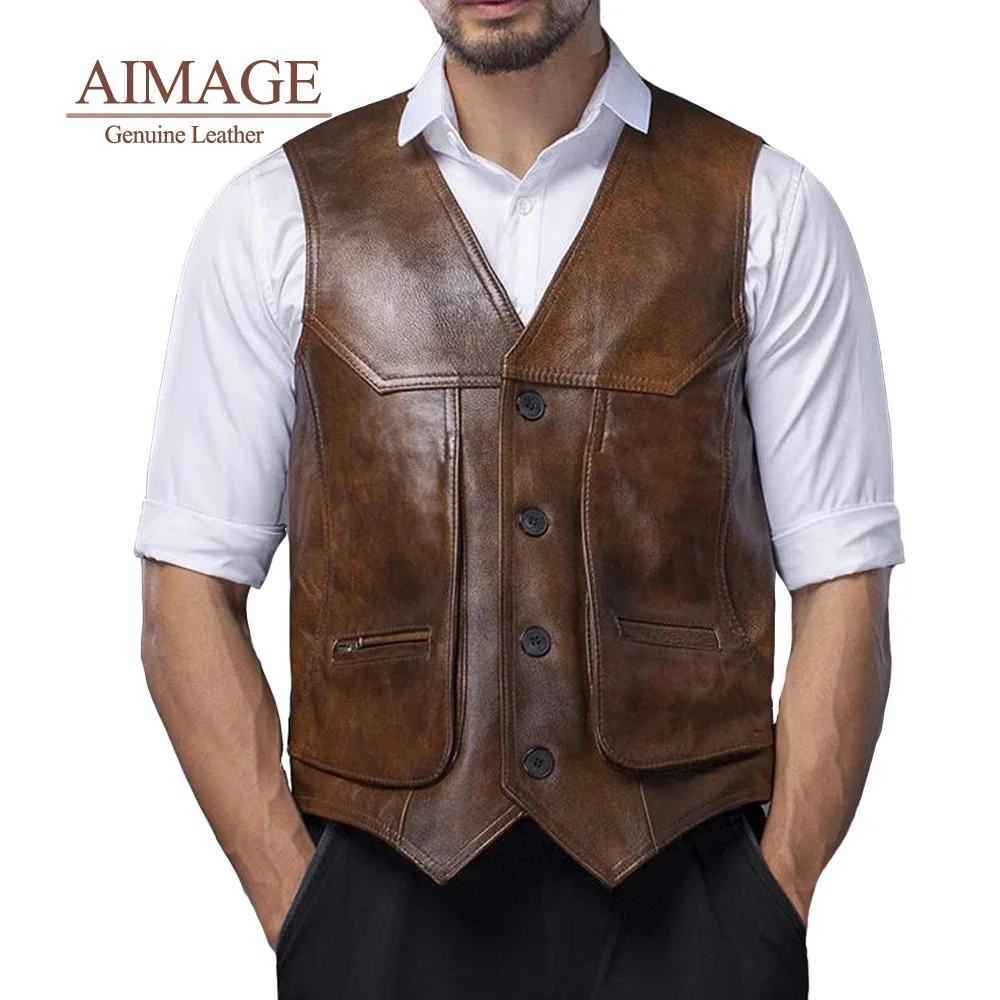 

Motorcycle Classical Biker Men Genuine Leather Sleeveless Jackets 100% real Cowhide Brown Vest coat PY069