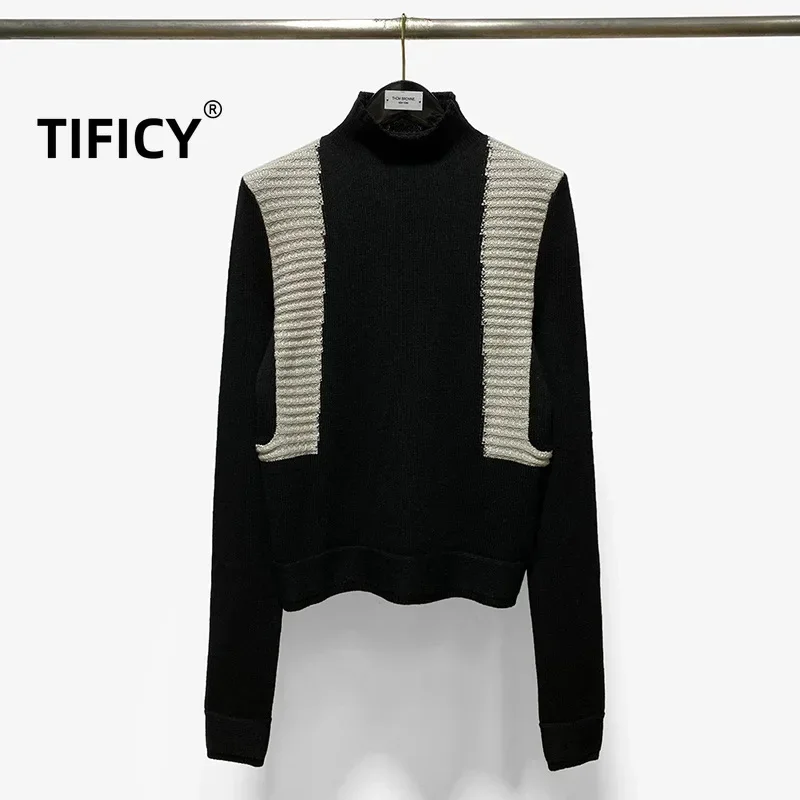 New Men's and Women's Black and White Color Blocked Knitted Wool Blend Pullover Slim Fit Stand Up Collar Youth Sweater Tops