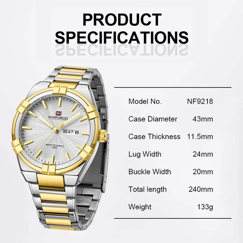 NAVIFORCE Classic Day and Date Display Men Stainless Steel Watch Man Business Waterproof Quartz Calendar Clock Relogio Masculino