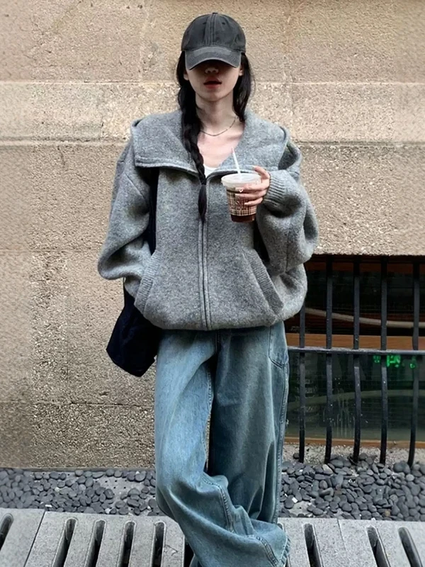 

Корейский стильный вязаный кардиган с капюшоном для женщин, осенне-зимний, свободного кроя, на молнии, верхняя одежда для подростков