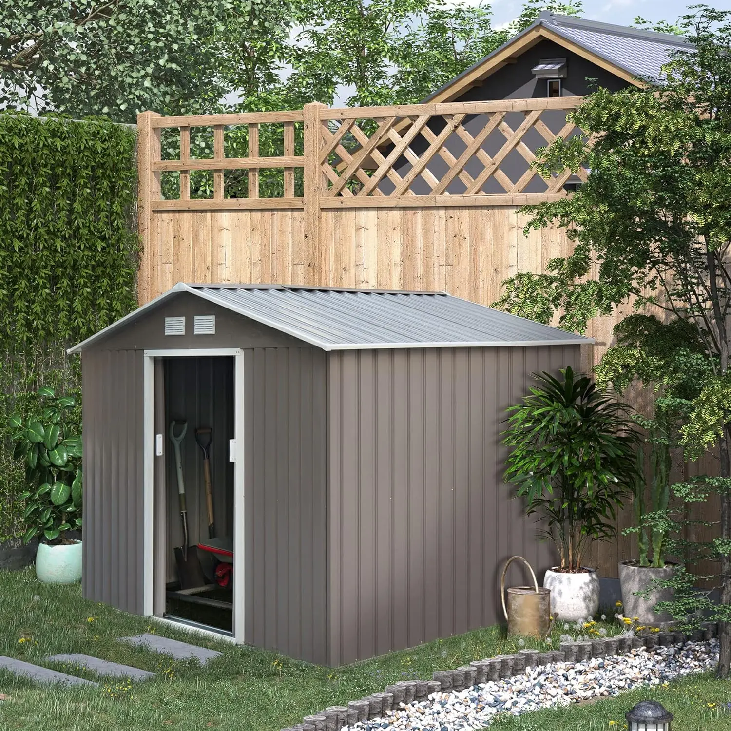 9' x 6' Outdoor Storage Shed, Garden Tool House with Foundation Kit, 4 Vents and 2 Easy Sliding Doors for Backyard,Patio, Garage