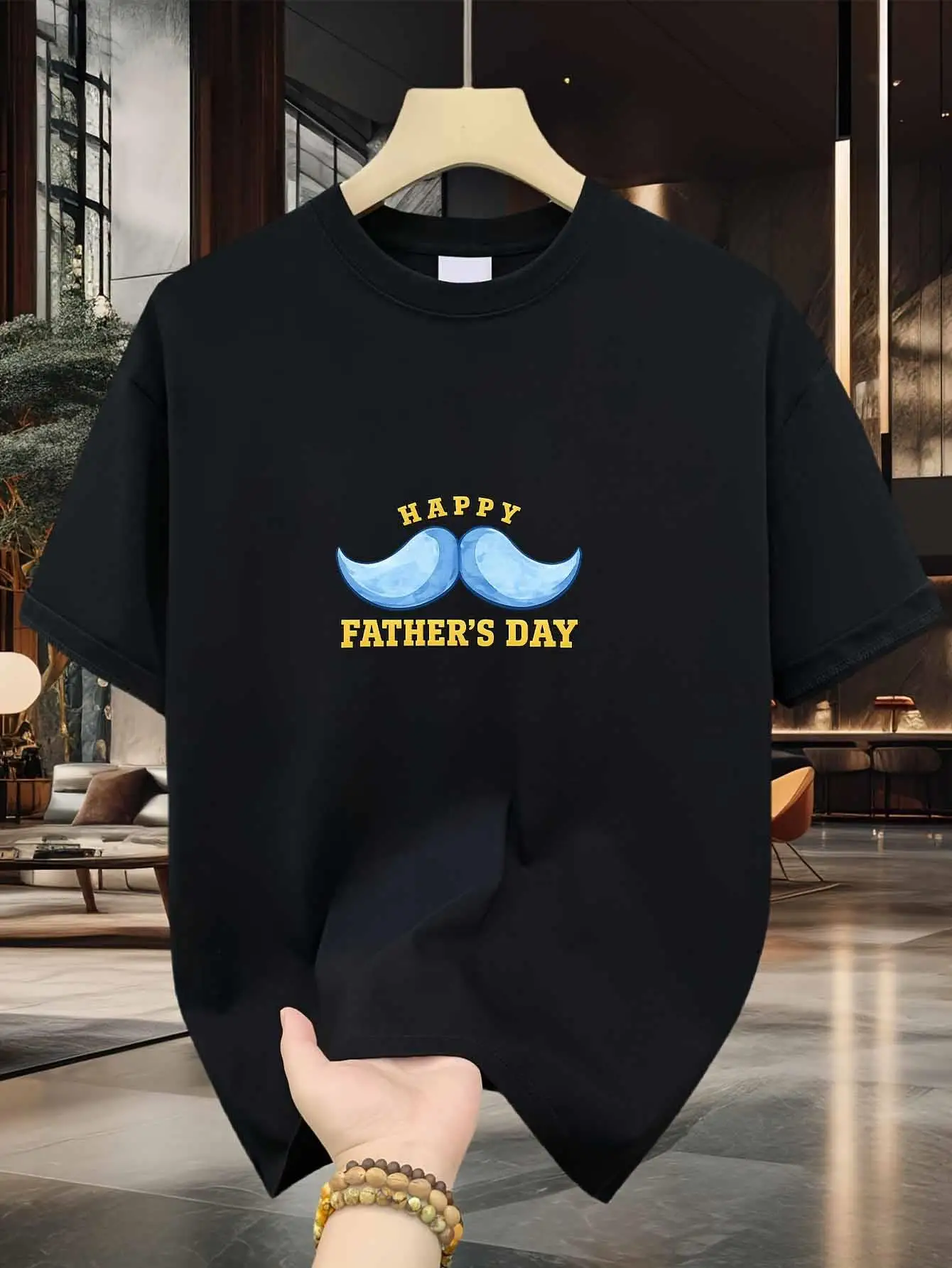 Camiseta con gráfico de bigote azul para el Día del Padre, camiseta informal de manga corta con cuello redondo para hombre