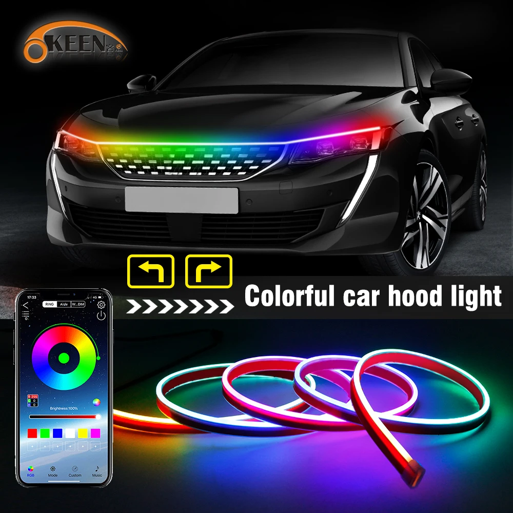 OKEEN LED Car Hood Light Strip Colorful APP Control Dynamic Car Decorative Atmosphere Ambient Light Headlights Strip For Car 12V