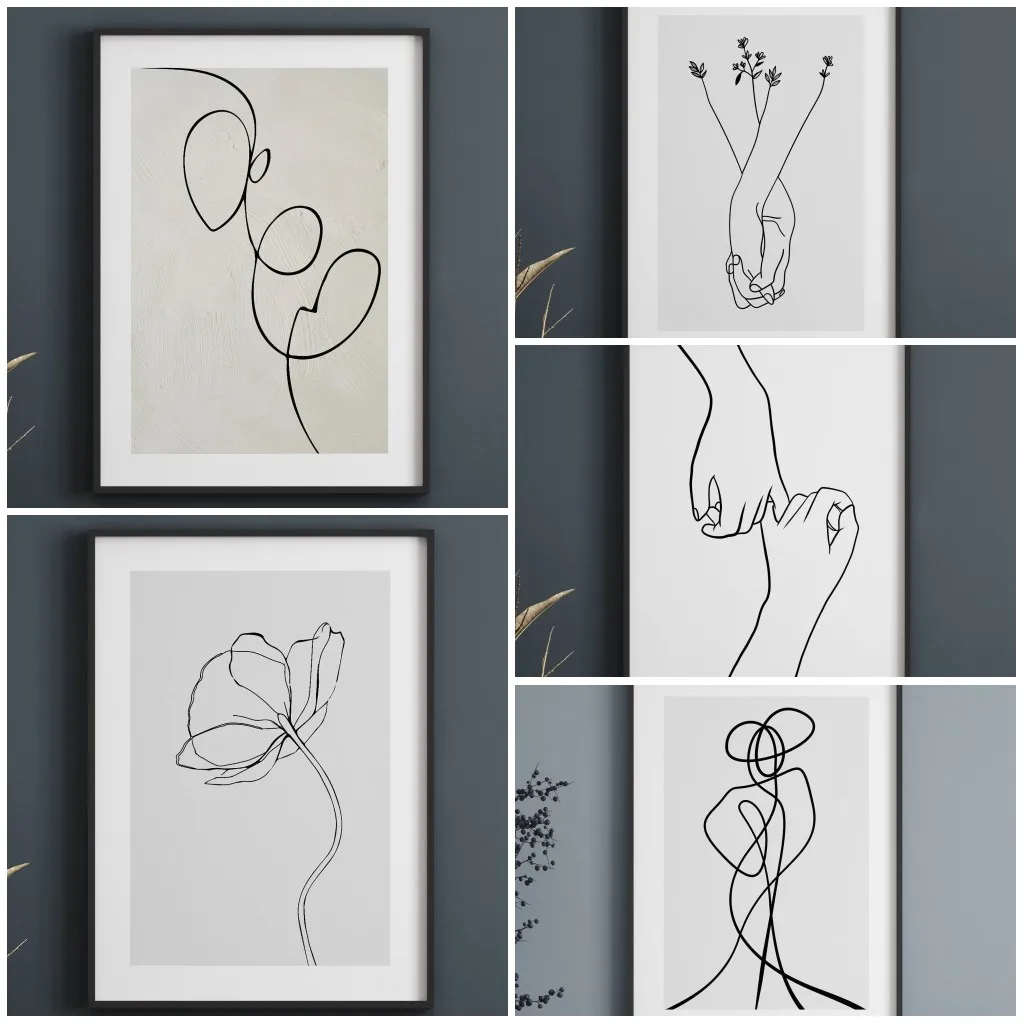 Artistic Line Drawing Black White Abstract Stripe Prints Body Flower Couple Hands Woman Canvas Painting Room Decor Mural