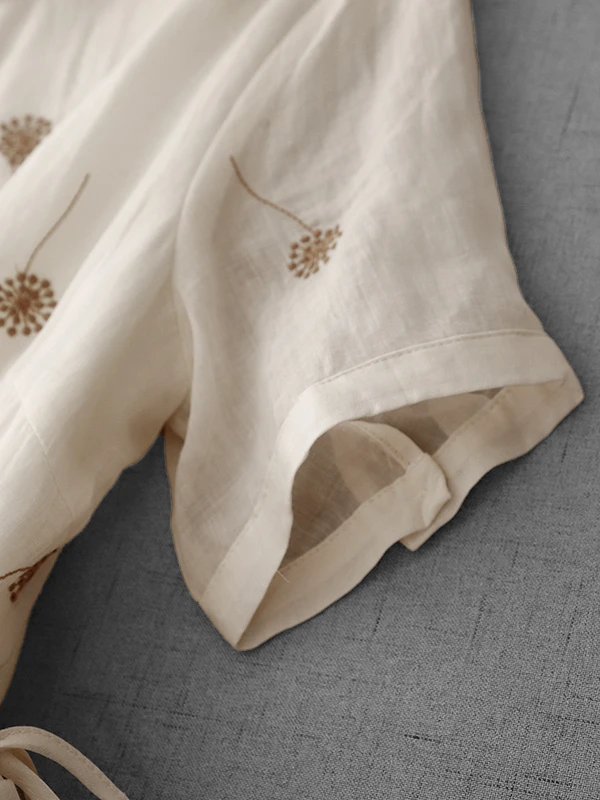 E Vestido Corto de Lino Bordado con Manga Corta, Cintura Ajustada, Cuello de Muñeca, Falda Larga para Mujer, Estilo Vi...