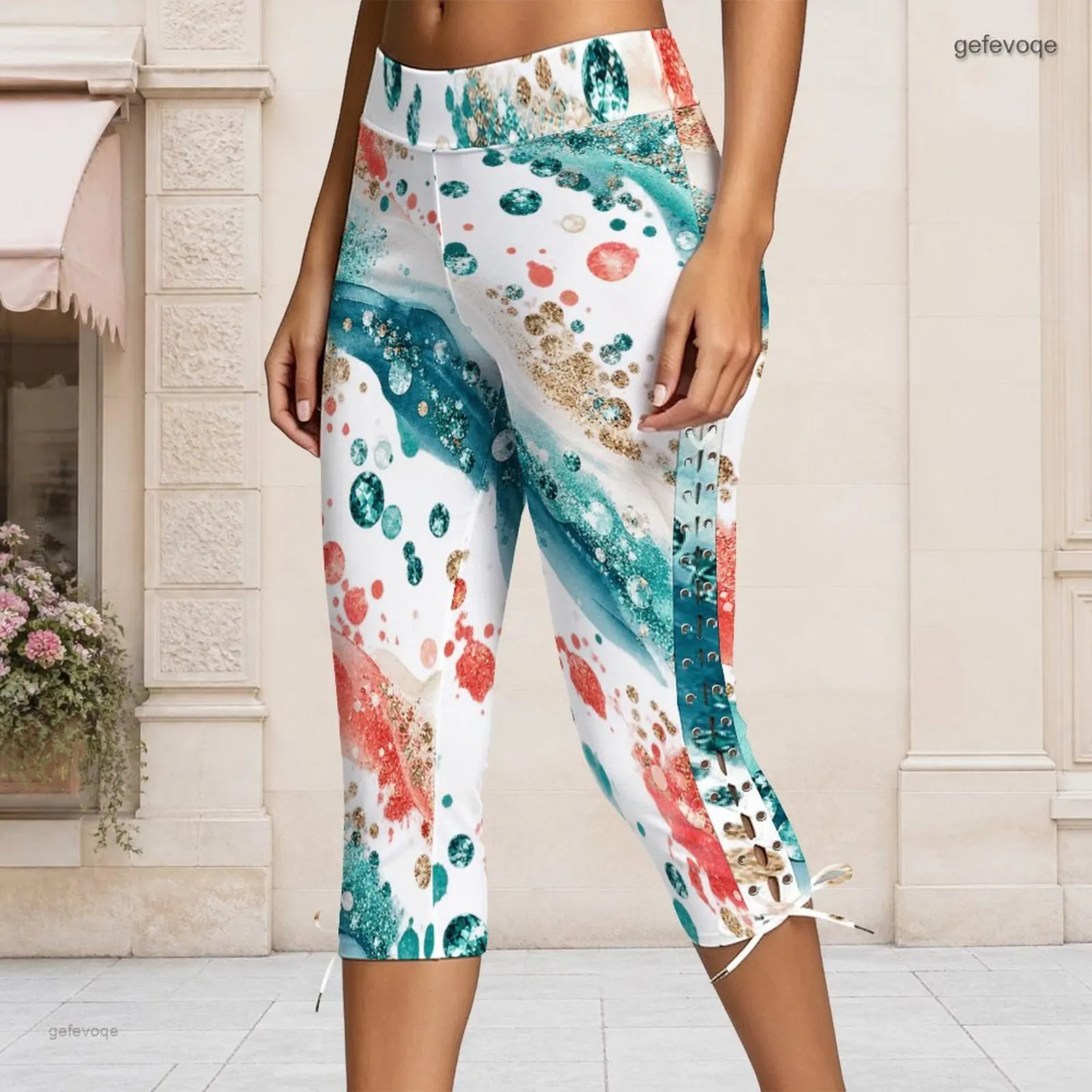 Women Abstract Splash Dot Print High Waist Side Lace Up Fitted Capri Pants