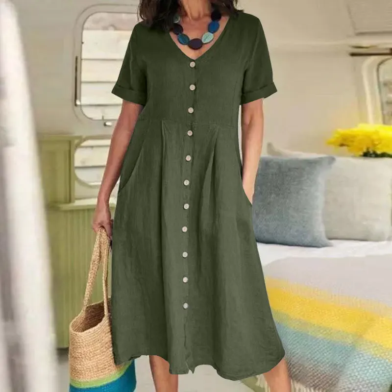 

Summer Solid Color Loose Cotton And Linen Women's Dress V-neck Short Sleeved Button Up Cardigan Patchwork Mid Length Skirt 2024