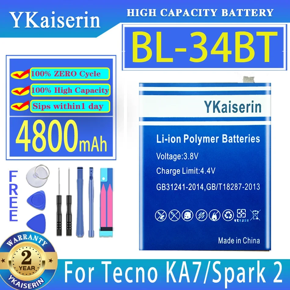 

YKaiserin Battery BL-34BT 4800mAh For Tecno Spark2 Spark 2 KA7 Mobile Phone Batteries