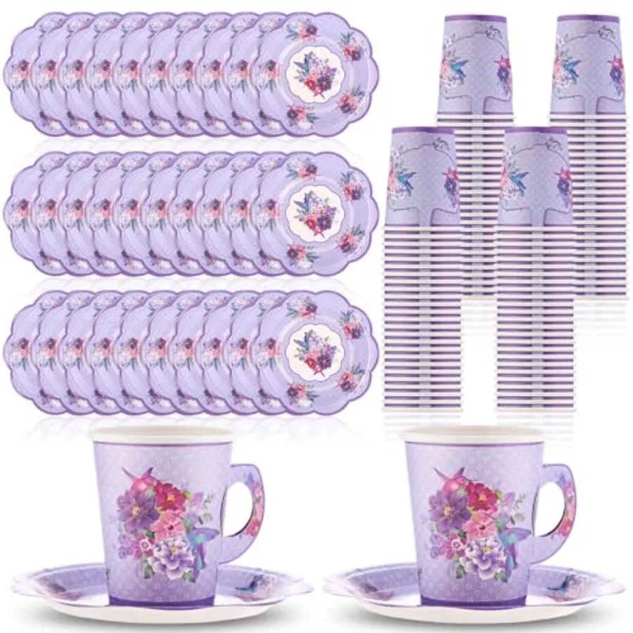 

200 Pcs Floral Paper Tea Cups and Saucer Set 9oz Disposable Tea Cups with Handle and Plates Vintage Flower Teacups for Valentin