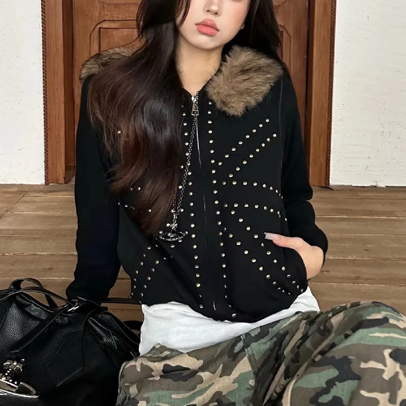 Autumn new retro rice shaped rivet Autumn new retro rice shapfur collar cardigan hooded sweatshirt loose casual jacket for women