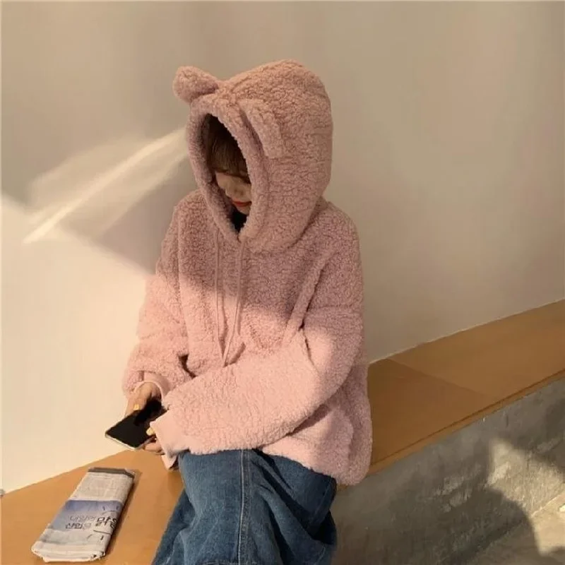 QWEEK Kawaii Hoodies Women 2021 Korean Fashion Casual Cute Bear Sweatshirt Loose Top Female Oversized soft Girls