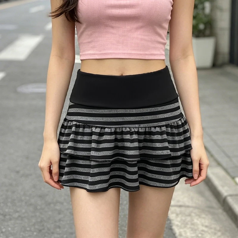 Falda a rayas con volantes estilo Y2K | Falda sexy de cintura alta con diseño de pastelitos