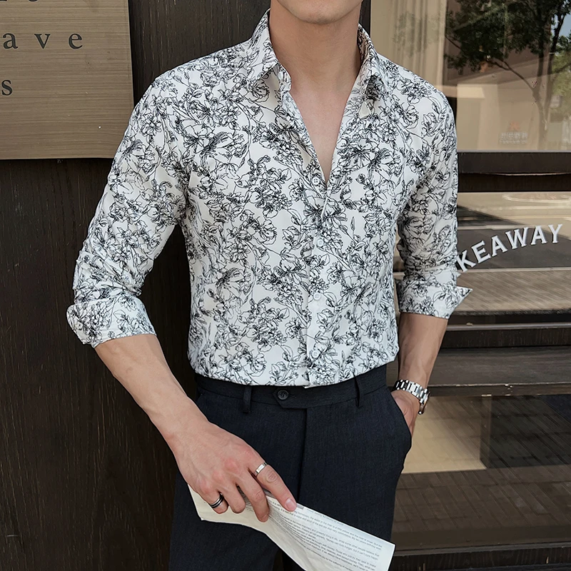 

Korean Floral Men's Shirt 2025 New Long Sleeve Casual Shirts High-quality Slim Fit Business Social Party Vintage Men Shirt
