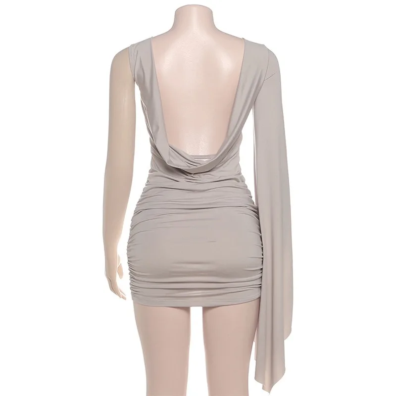 루치드 바디콘 미니 드레스 원숄더 슬릿 플레어 롱 슬리브 드레이프 백리스 슬림 파티 클럽웨어 여성 우아하고 섹시한 베스티도스