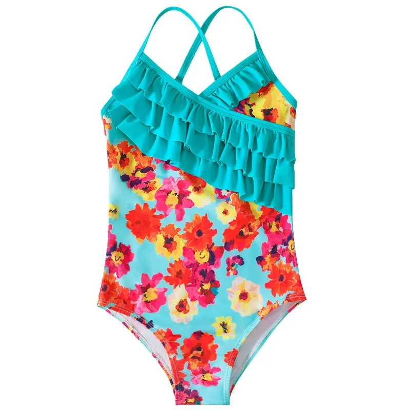 Kids Girl Swimsuits Summer Fashion Flower Print One Piece Swimwear Ruffles Sling Quick Drying swimsuit Beachwear 4-12Y