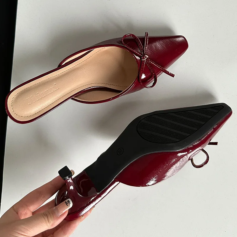 Red Footwear Heels Pumps Female Slides Shoes For Women Mules Fashion Butterfly-Knot Ladies Medium Heels Sandals Slippers Shoes