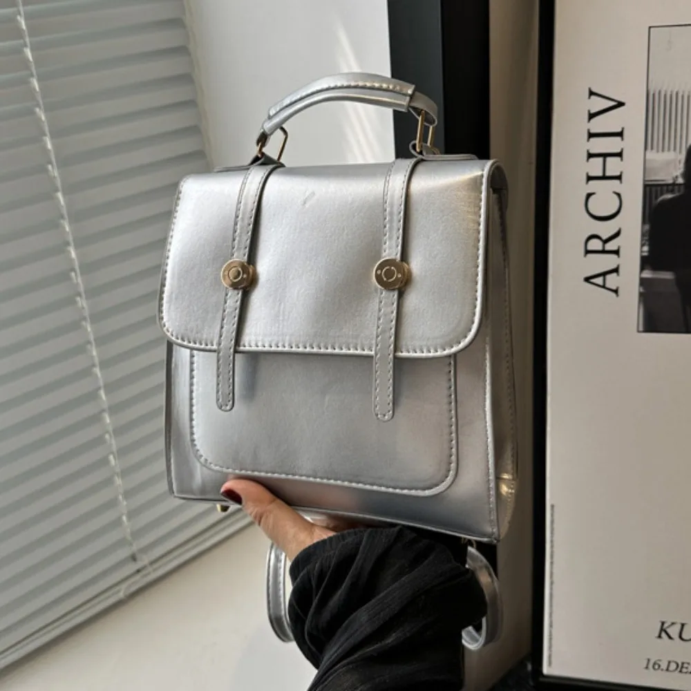 

Elegant Minimalist College Style Ruckpack Retro Large Capacity Square Crossbody Bag Pure Color PU Leather Travel Backpack Lady