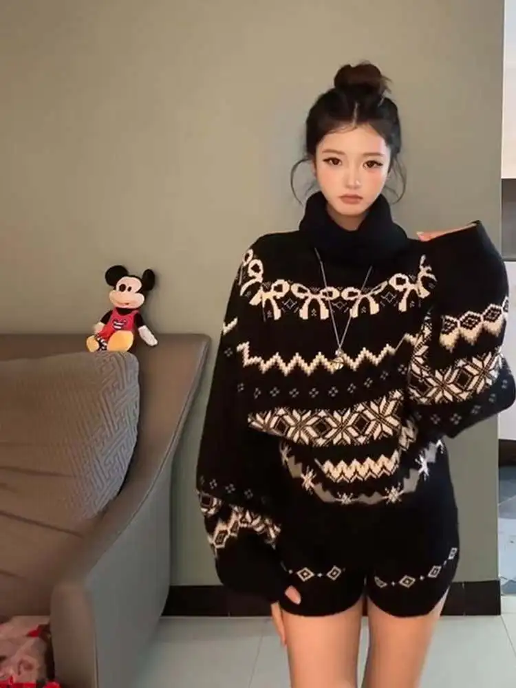 

Корейский вязаный свитер с высоким воротником и ортопедический комплект для женщин с украшением из узлов, мягкий и уютный зимний наряд