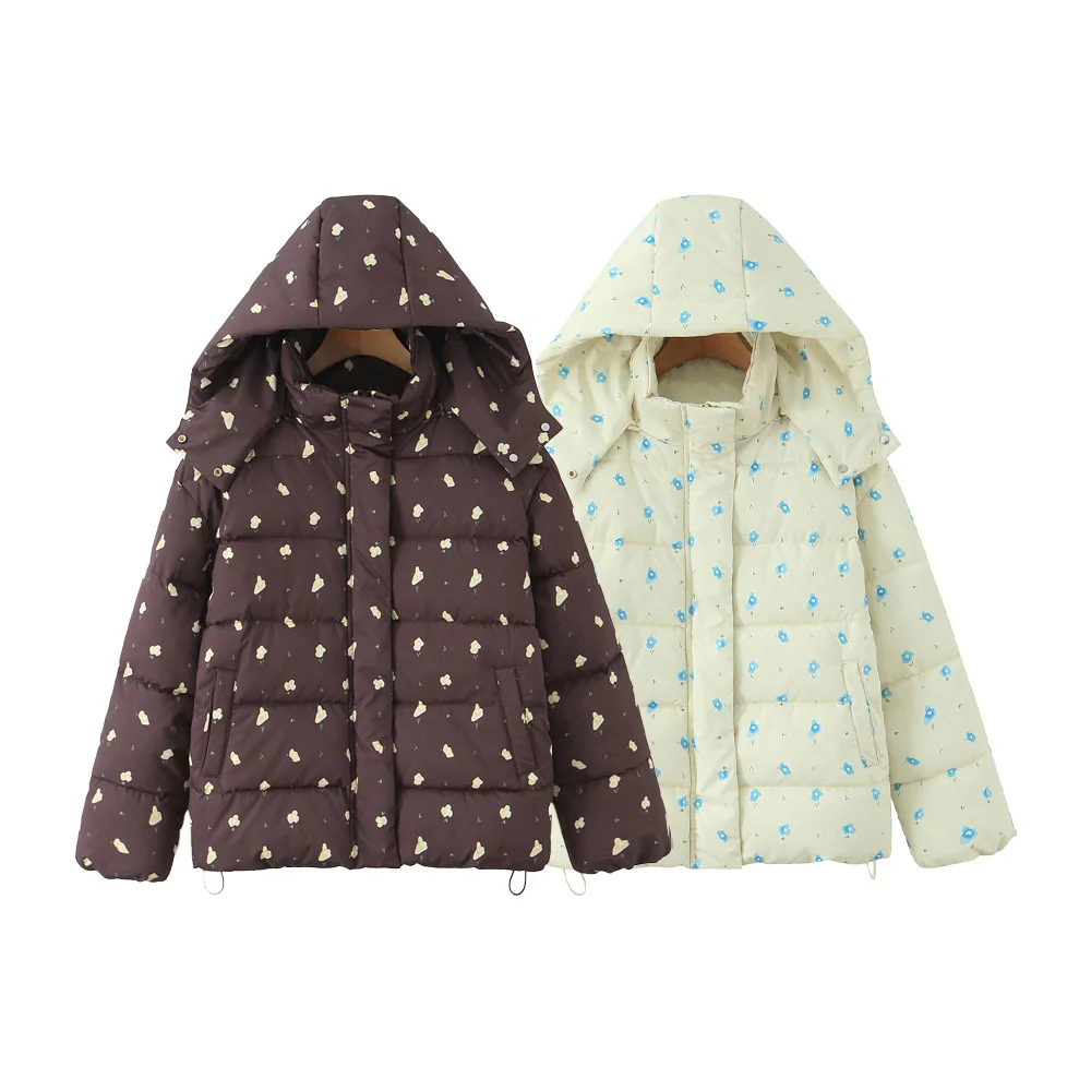 

Winter New Product Women's Loose Small Floral Cotton Robe Loose Design Casual Warm Hooded Breadcoat Coat