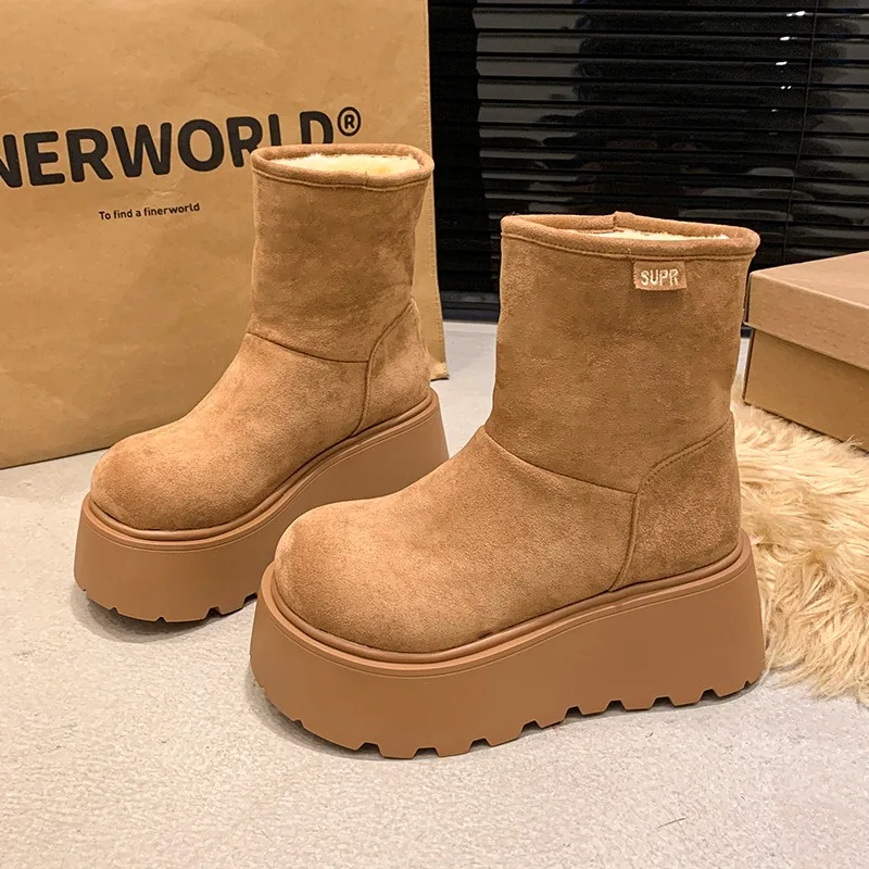 Women's Snow Ankle Boots Suede Mid Heel Cotton Shoes Cropped Plush Casual Boots Fashionable Winter Thermal Boots Botas De Mujer