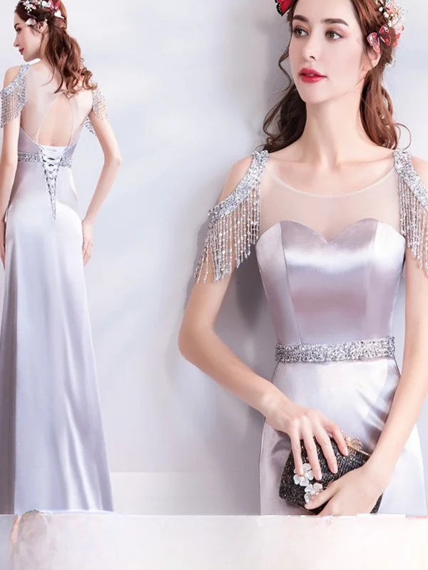 

Silver Grey Wedding Dress Evening Gown for Bride Banquet Ceremony Sexy Hollow out Resin Diamond Embellished Fish Tail Long Dress