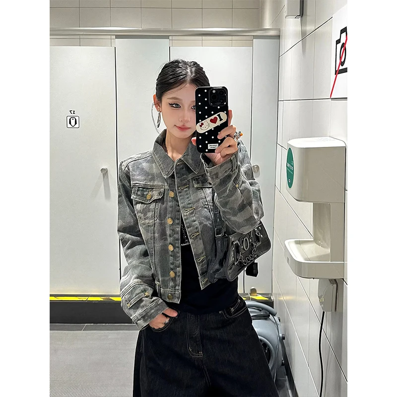 Women Fall Winter New Arrival Korean Style Cool Look Trendy Versatile Workwear Jacket Lady Camo Denim Loose Fit Outer Coat