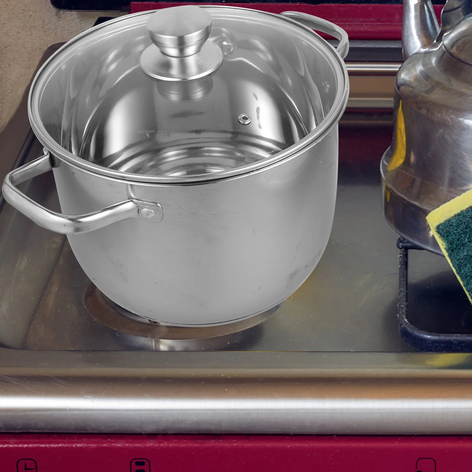 

Stainless Steel Stock Pot 26cm Multifunction Soup Steamer Tempered Glass Lid Even Heat Distribution Non Scratch Surface