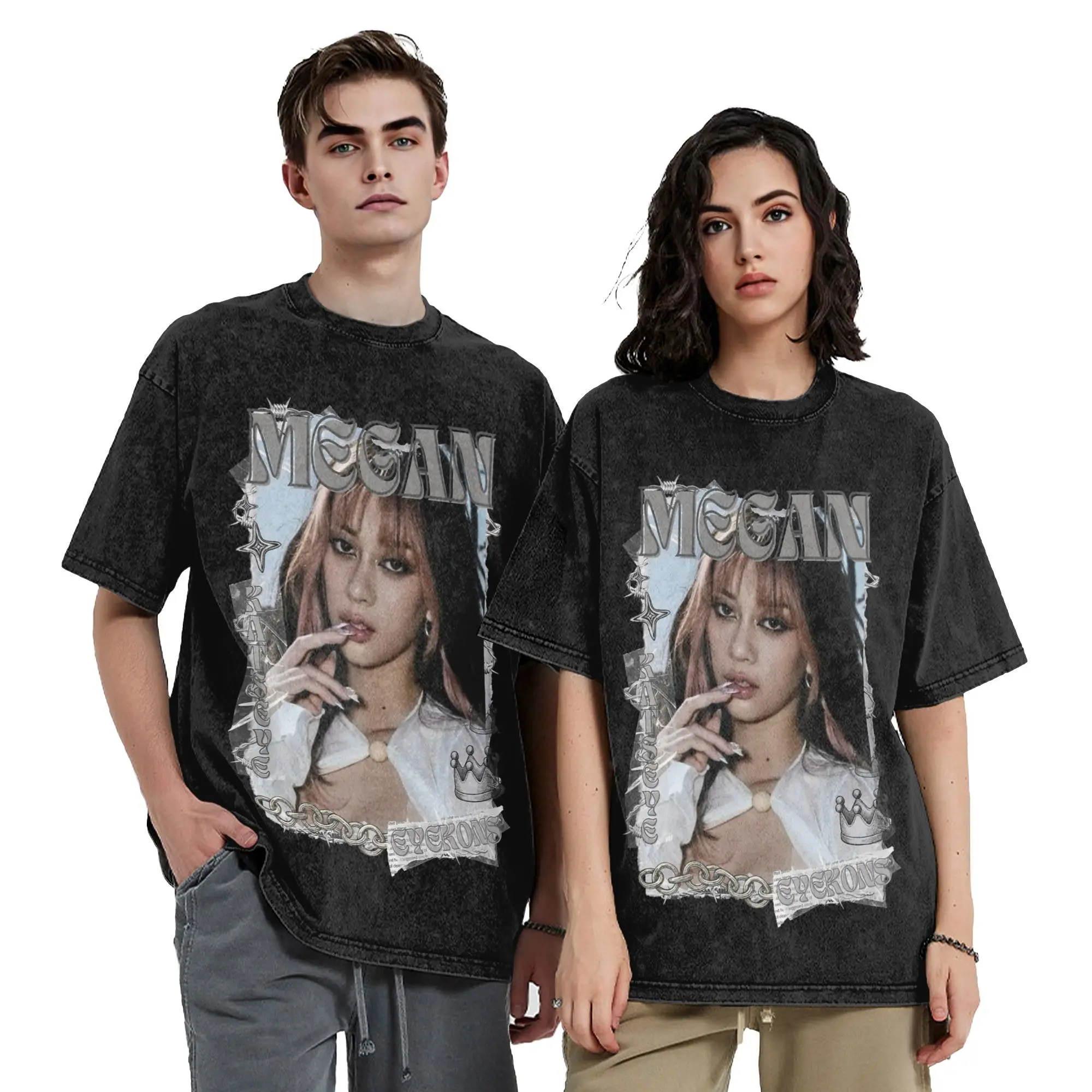 Katseyes Megan Kpop Y2K Group Washed T Shirt Streetwear Vintage T-Shirt  Tee Shirt Men Women Short Sleeve High Street Printed