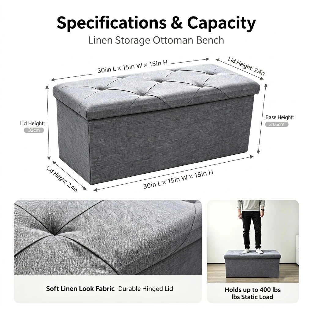 Folding Storage Ottoman Bench and Cube, Gray Tufted Fabric Storage Chest Footrest Seat with 400 lb Capacity for Bedroom Entryway Living Room, Multiple Sizes view 7