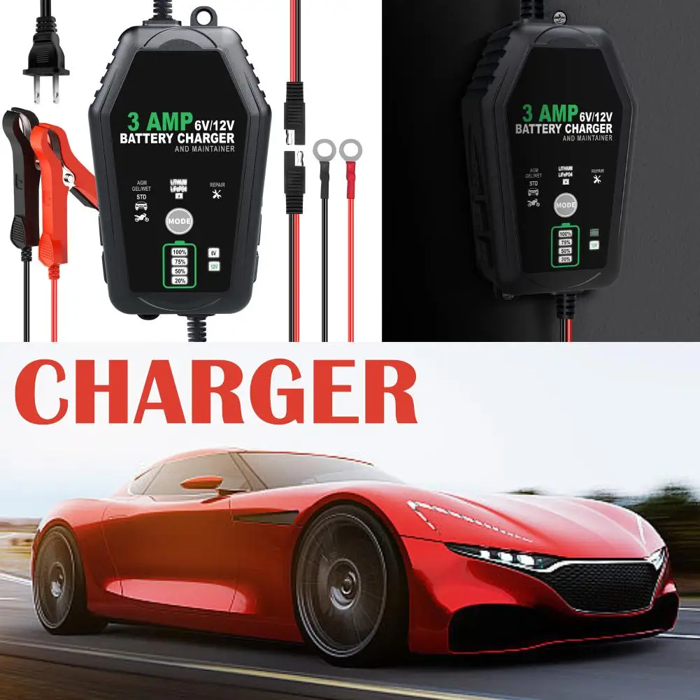 3000mA 6V 12V Fully Automatic Smart Battery Charger Maintainer For Car Motorcycle Trickle Lithium LiFePO4 Lead-Acid Battery N0G6