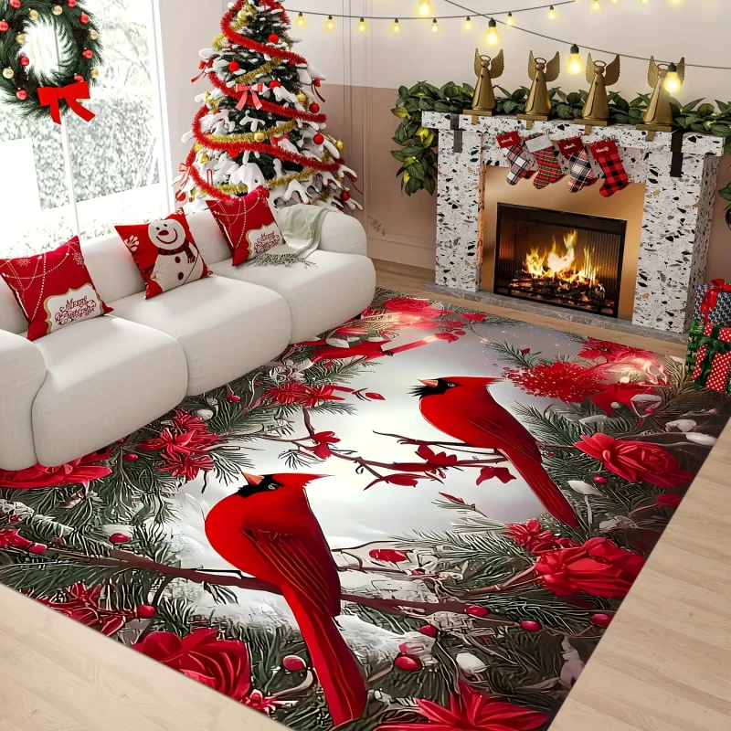 VIKAMA Christmas Area Rug Snowy Pine Branch Red Cardinal Bird Poinsettia Winter Living Room Carpet 2027 Christmas Home Decor
