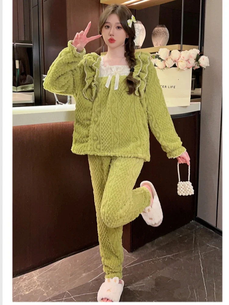 5XL Large Size Plush Pajamas Women\'s Winter Thickened Sweet Loungewear Long-sleeved Long Sleeve Pullover And Pants Outer Wear