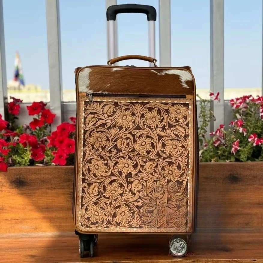

New handmade Western tool cowhide luggage bag hot selling genuine leather pull rod bag, men's and women's universal large size