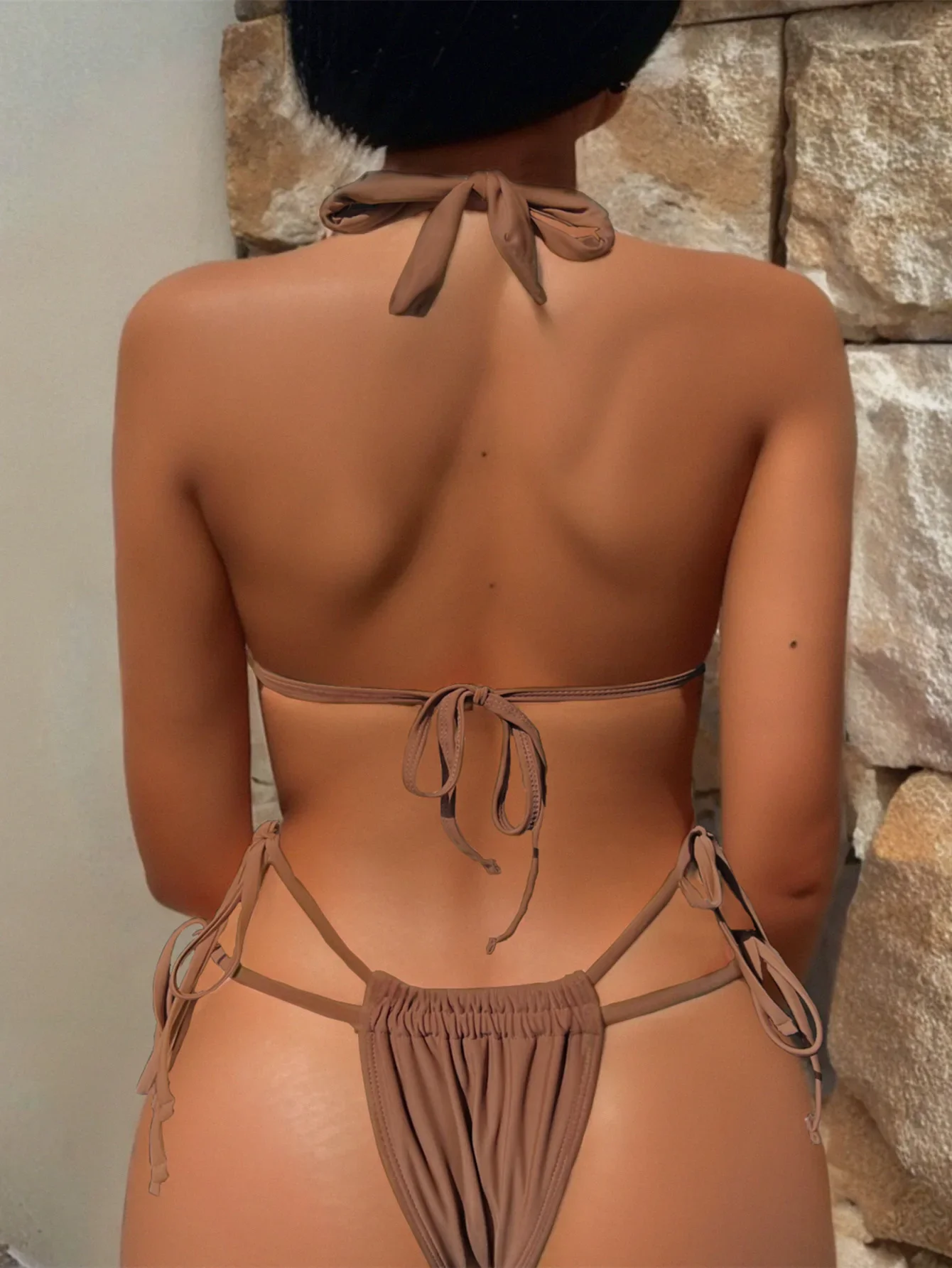 Coffee 2 Piece Swimsuit for Women,2024 Solid Color Low Waist Bikini Set,V-neck Suspender Backless Thong Swimwear,bathing Suit