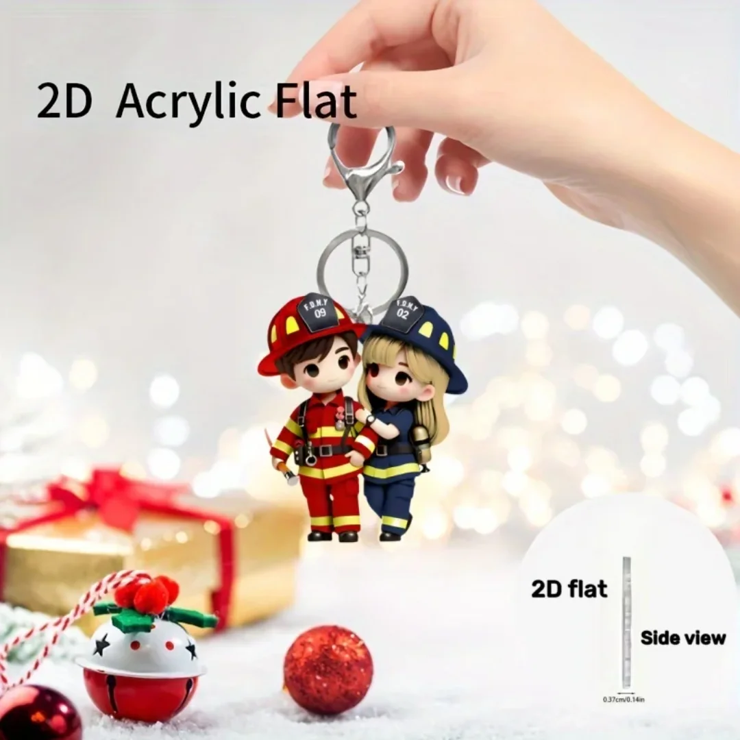 2D Firefighter Couple Keychain - Heavy Equipment Key Ring 评论和价格