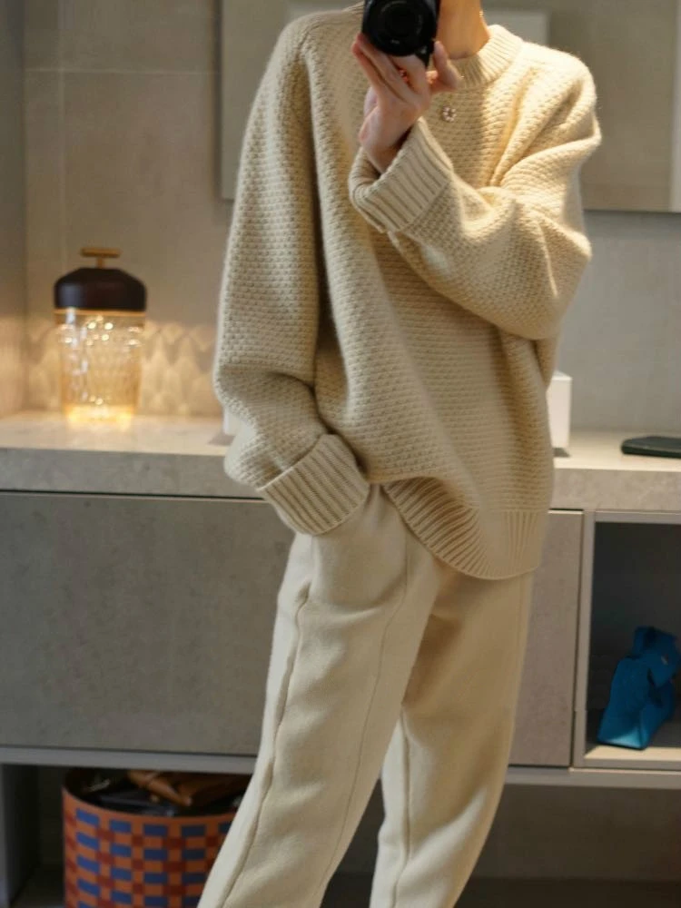 Pull en cachemire épais à col rond, série lourde, polyvalent et avancé au quotidien, délicat, doux, grand profil