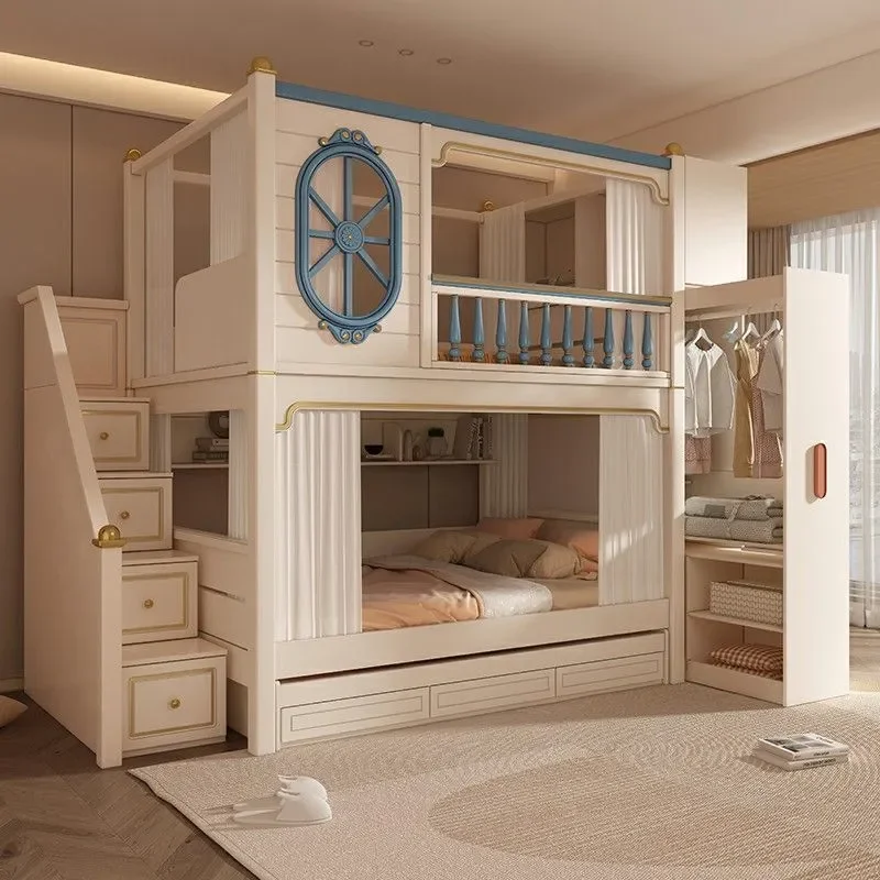 American Style Blue Bunk Bed for Boys High and Low Double Bed Children's Room Upper and Lower Bunk Mother and Child Bed