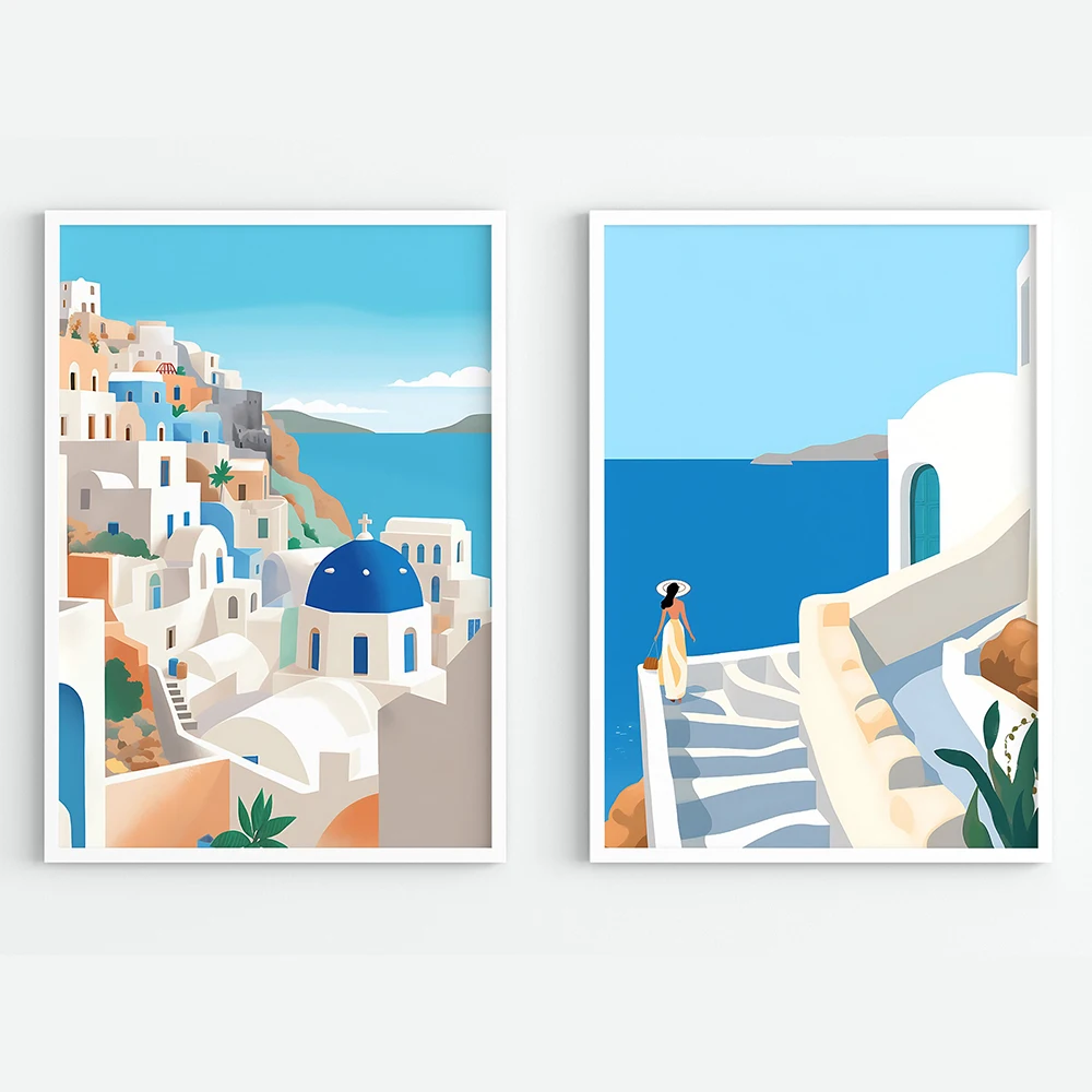 

Santorini Illustration Greece Travel Poster Summer Home Decor Wall Art Canvas Painting Boho Landscape Print Pictures