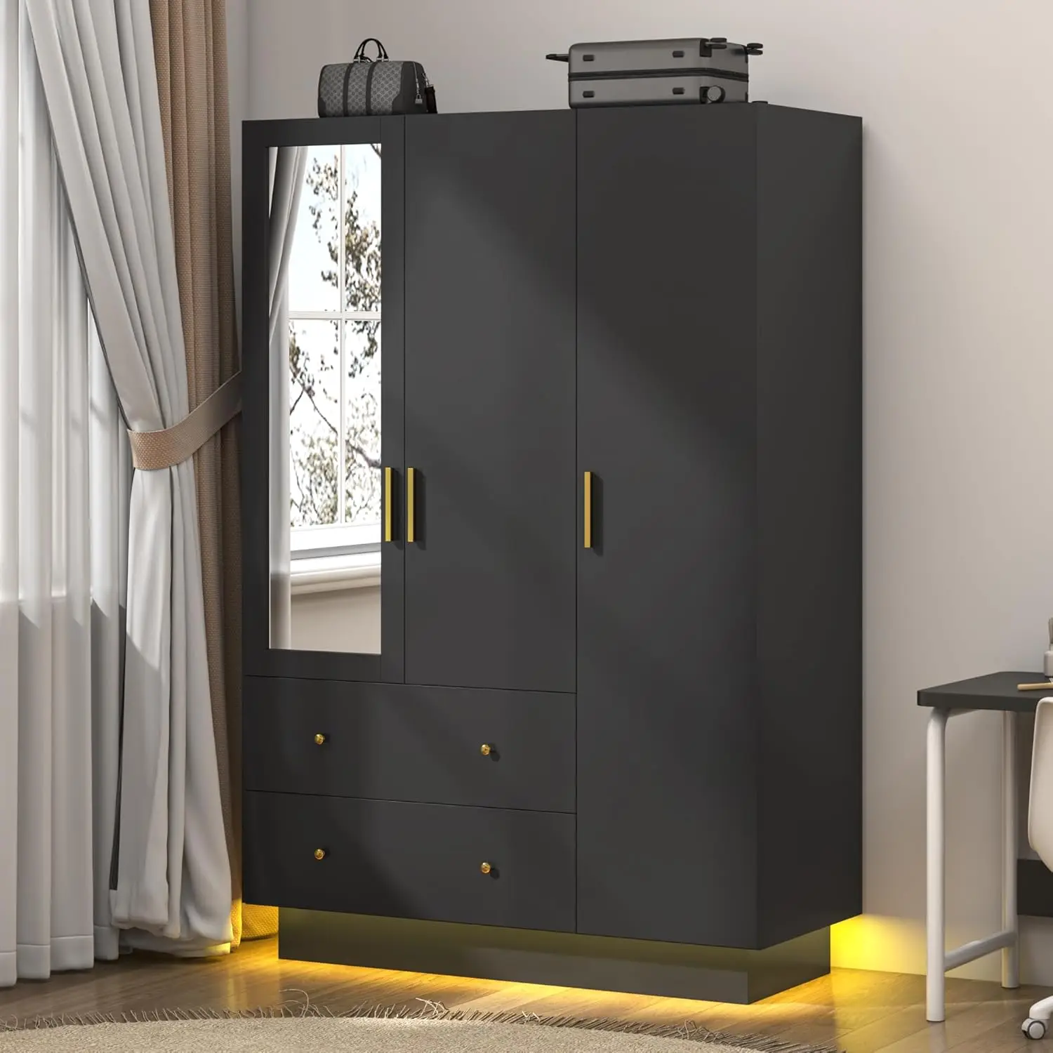 3 Door Wardrobe Closet with Mirror and LED Lights Bedroom Armoire with Drawers Shelves Modern Wooden Armoire Wardrobe Closet