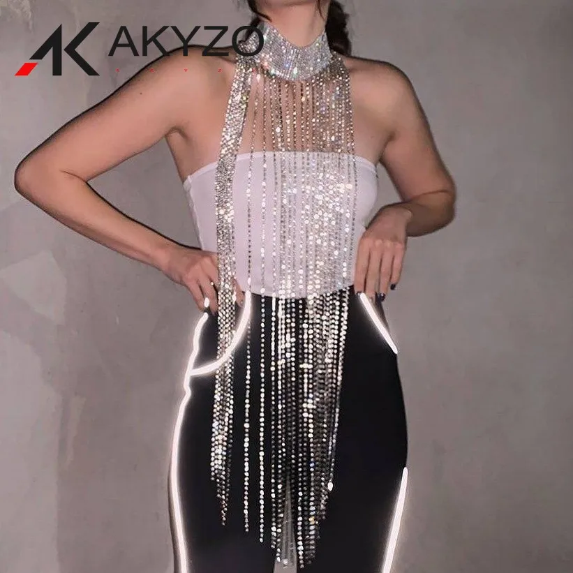 Rhinestone Tassel Chain Sexy Women See Throug Statement Necklace Sliver Diamond Sleeveless Hollow Out Chokers Dress