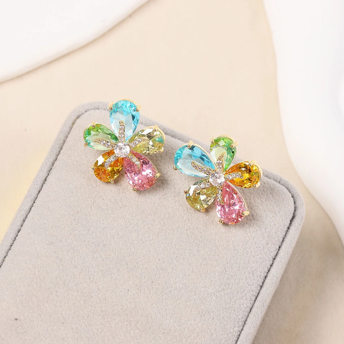 

925 Silver Luxury Multicolor Flower Stud Earrings for Women, Gold Plated Rainbow CZ Floral Earrings, Daily Party Jewelry
