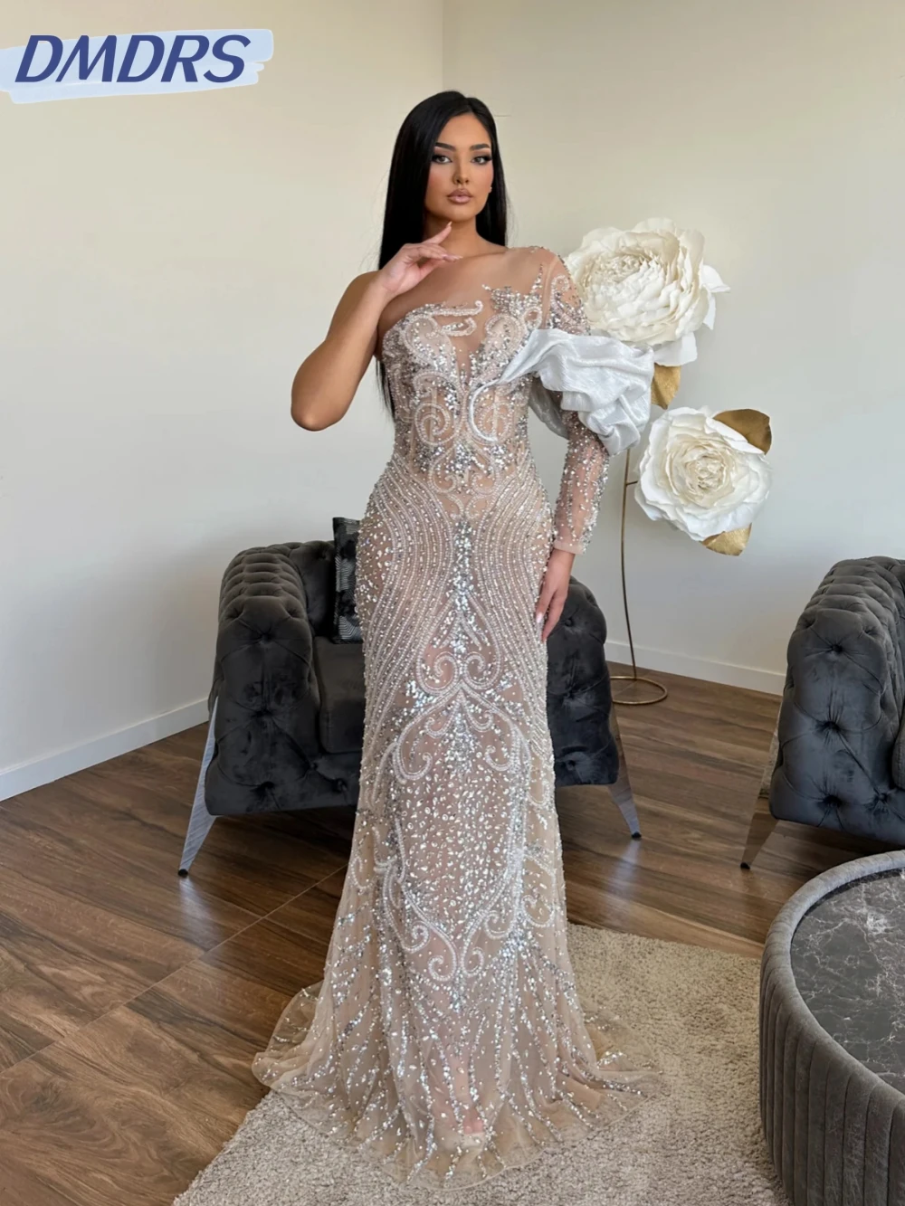 

Shiny Exquisite Illusion Beaded Straight Formal Evening Dress Charming One Shoulder Wedding Party Gown Customized Prom Dresses