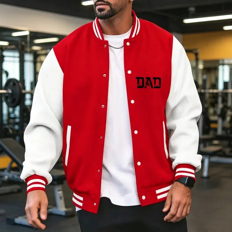 Men Workout Baseball Jacket  Spring Autumn Winter, Contrast Spliced Sleeve Ribbed Cuff DAD  Print Button Loose Sports Coat S-3XL
