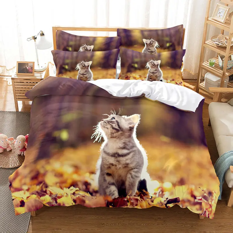 Cat Duvet Cover Set Cute Kitty Theme Bedding Set For Kids Girls 2/3pcs Single Double Queen King Size Comforter Cover Bedclothes